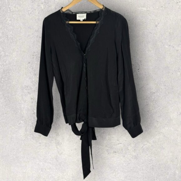 Sezane 100% Silk Lace Trim Cassandra Blouse Black Size 38 French US 6 Minimalist - Picture 14 of 16